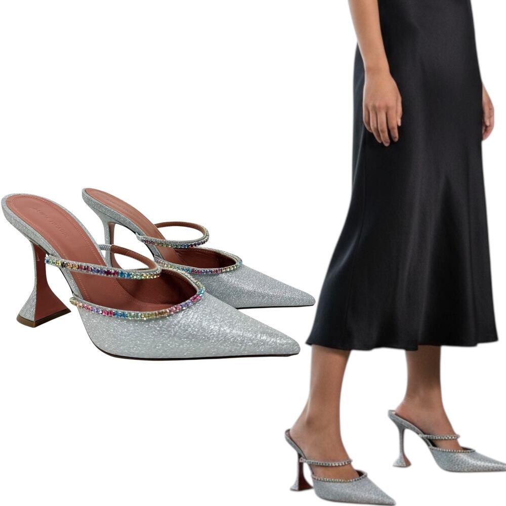 Amina Muaddi Gilda Crystal Embellished Glitter Mules Silver Size 40